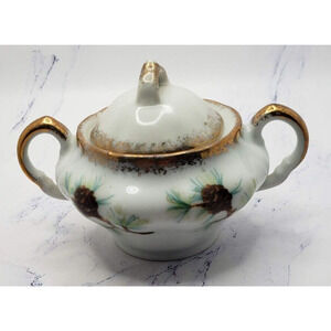 White Pine Cone Sugar Bowl With Gold Accents Victoria Ceramics Japan